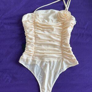 Cute Top! Lulus Elyas Cream Mesh Ruched Rosette Backless Bodysuit - Size S